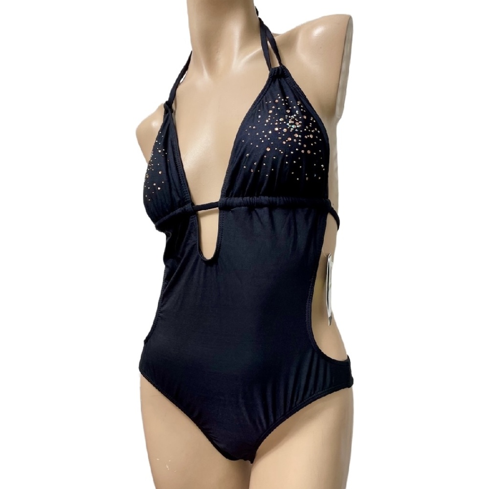 NWT Guess Swimwear LARGE Maillot Black w Gold Beads